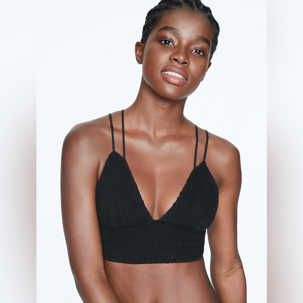 XS NWT Victoria’s Secret PINK Smocked Triangle Bralette Black Wireless